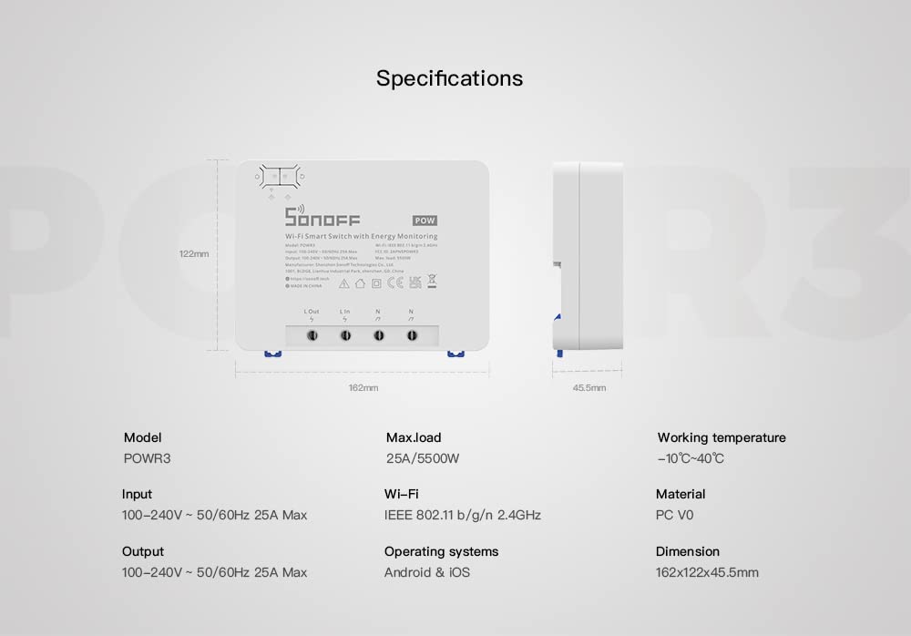 Ledgebit Sonoff POWR3 25A Smart Switch – 5500W High Power Load | WiFi Remote Control | Energy Monitoring | Overload Protection | Alexa & Google Compatible