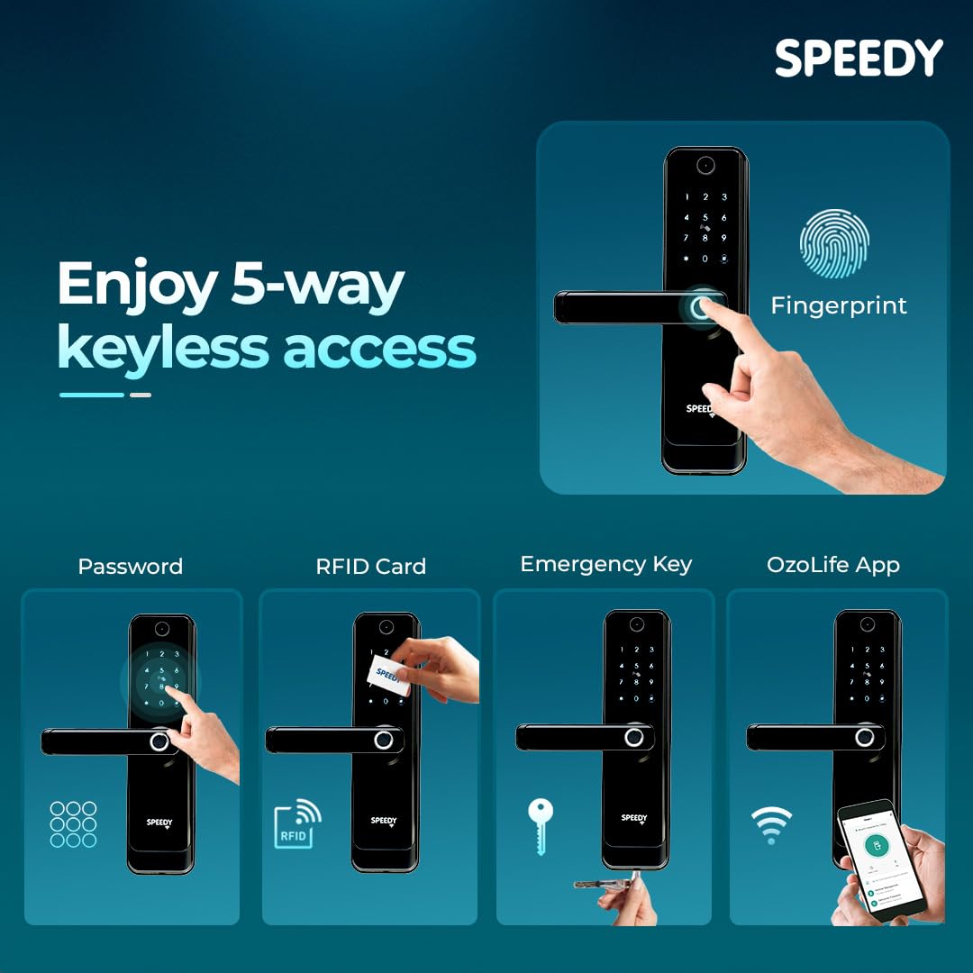 Speedy WiFi Enabled Smart Door Lock for Main Door | Biometric, 2 Emergency Keys |2-Year Warranty & Free Installation | Door Thickness Should be Between: 30-60mm