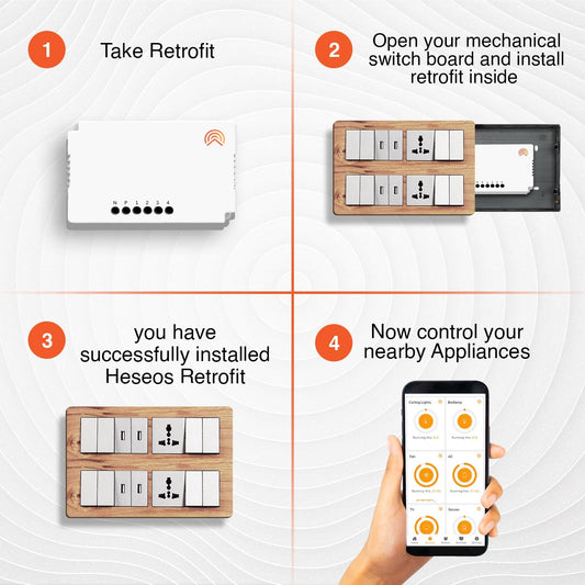 Heseos 4 Node Smart Switch Retrofit Kit with 4 Retrofit and1 Smart Plug with WiFi Communication Made in India with Voice Command, siri control, Alexa, and Google Homes (4 Node)