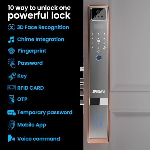 Golens X57 World's Most Advance Smart Lock | 10 Ways Unlock | Seperate Chime | Alexa/Apple/Google Home Supports | Inbuilt CCTV/Video Door Bell | Door Viewer | All Included | Bronze