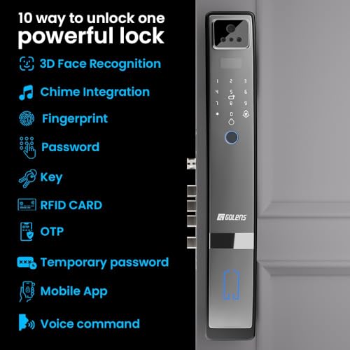 Golens X57 World's Most Advance Smart Lock | 10 Ways Unlock | Seperate Chime | Alexa/Apple/Google Home Supports | Inbuilt CCTV/Video Door Bell | Door Viewer | All Included | Bronze