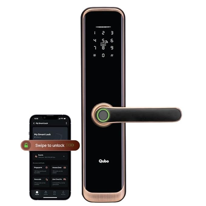 QUBO Smart Door Lock Essential (2025 Edition) – 7-Way Unlock | Fingerprint, OTP Remote, PIN, RFID, Mobile App, Mechanical Key | 2-Year Warranty | Black | Hero Group