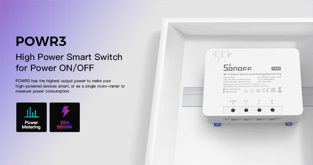 Ledgebit Sonoff POWR3 25A Smart Switch – 5500W High Power Load | WiFi Remote Control | Energy Monitoring | Overload Protection | Alexa & Google Compatible