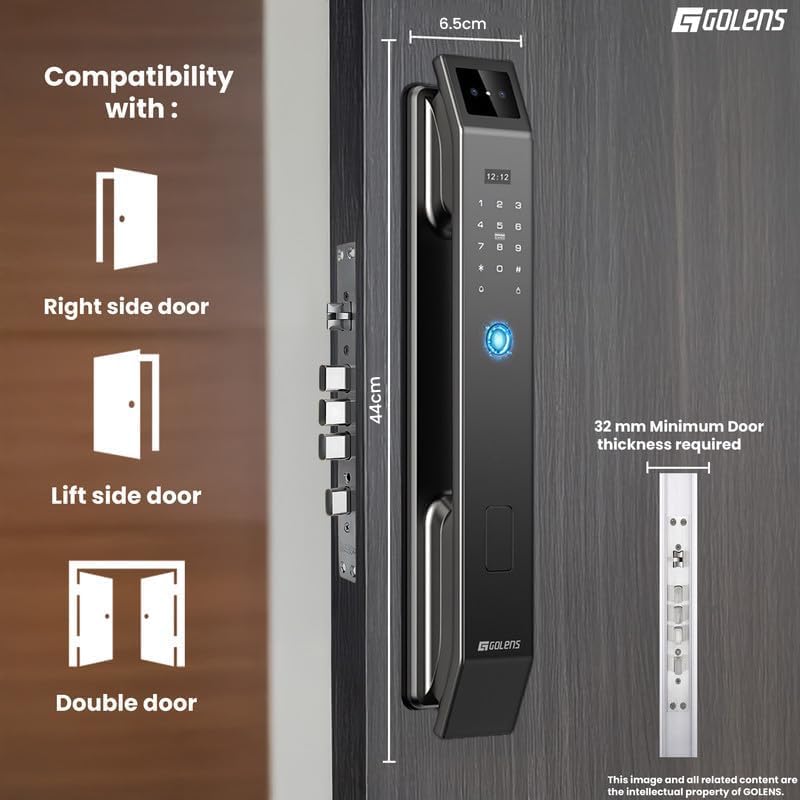 Golens X95 Luxury Smart Digital Door Lock | 9 Ways Unlocking | 3D Face ID | Fingerprint | Mobile App | RFID Card | PIN | OTP, Mechanical Key, Temporary Password, Door Viewer, No Extra Gateway Required