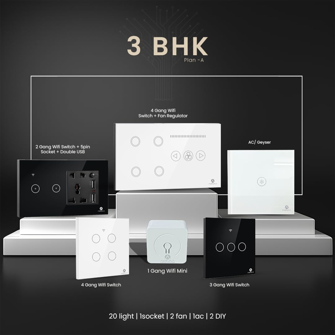 Adivaa Smart Home Automation Kit, AC/Geyser Controller, Door Bell Switch, WiFi Switches, Fan Regulator, Sockets (3 BHK (Plan C))