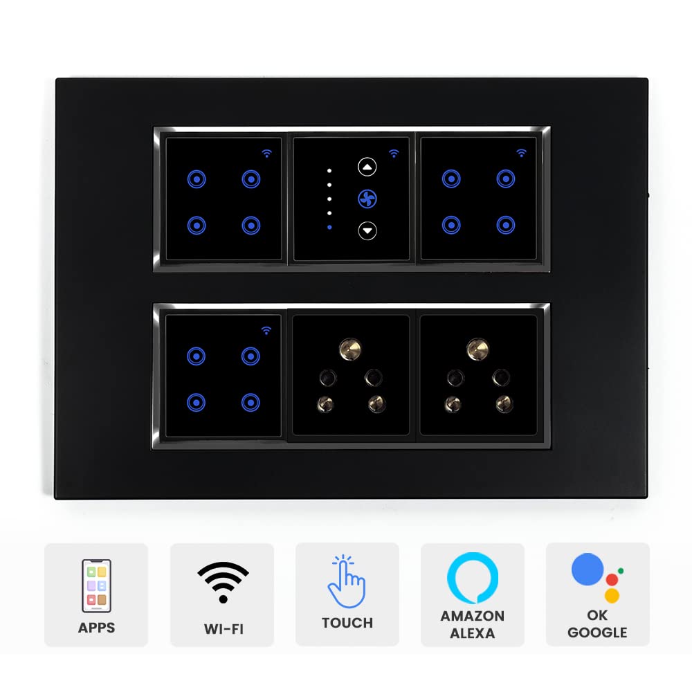 LECCY & GENESIS 12M Smart Switch Board | 10 Smart Switch Control, 1 Smart Fan Regulator, 2 Socket | Compatible with Alexa and Google Home (Size: 12M- 220 x 160 x 45 mm) (Black)
