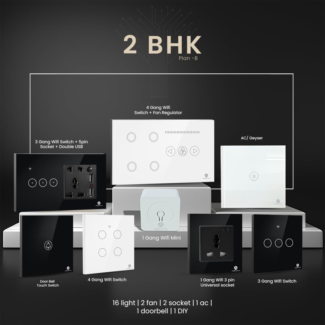 Adivaa Smart Home Automation Kit, AC/Geyser Controller, Door Bell Switch, WiFi Switches, Fan Regulator, Sockets (3 BHK (Plan C))