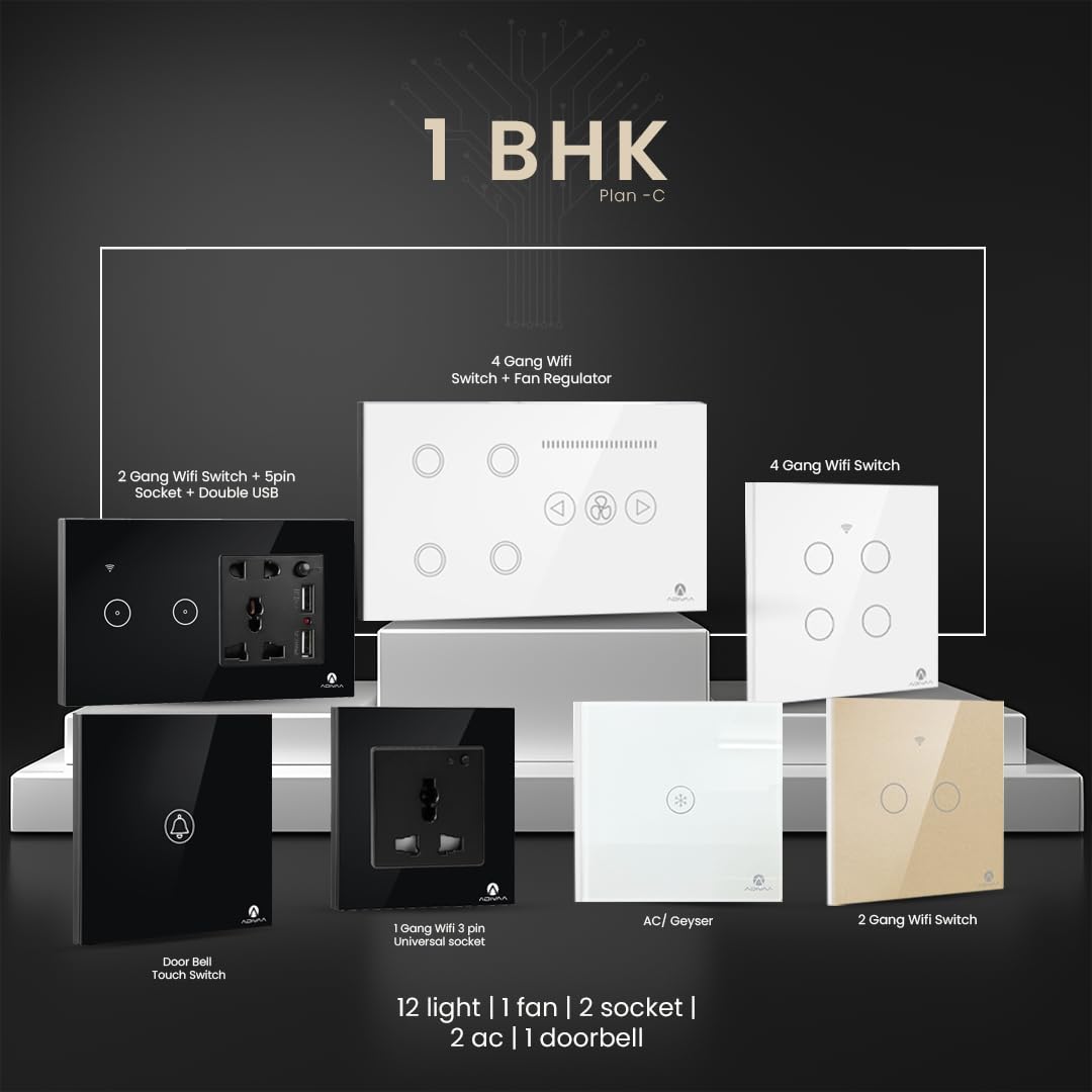 Adivaa Smart Home Automation Kit, AC/Geyser Controller, Door Bell Switch, WiFi Switches, Fan Regulator, Sockets (3 BHK (Plan C))