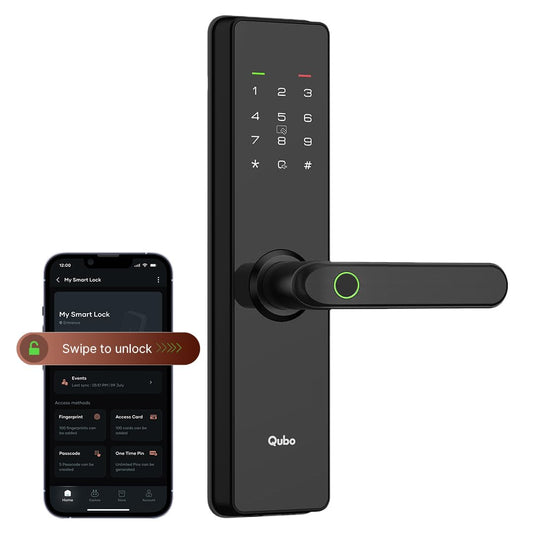 QUBO Smart Door Lock Essential (2025 Edition) – 7-Way Unlock | Fingerprint, OTP Remote, PIN, RFID, Mobile App, Mechanical Key | 2-Year Warranty | Black | Hero Group