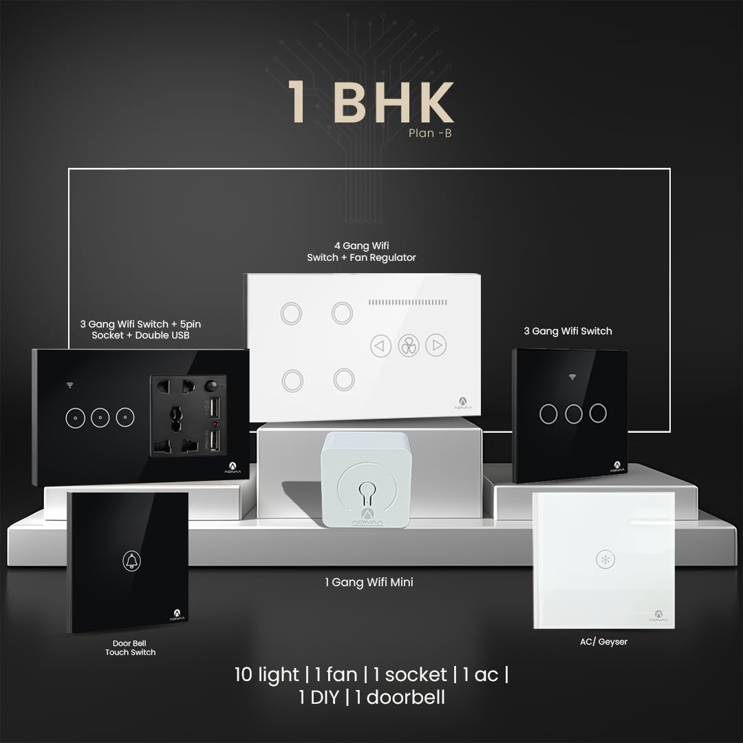 Adivaa Smart Home Automation Kit, AC/Geyser Controller, Door Bell Switch, WiFi Switches, Fan Regulator, Sockets (3 BHK (Plan C))