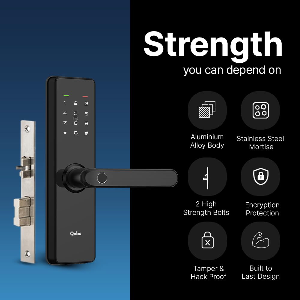 QUBO Smart Door Lock Essential (2025 Edition) – 7-Way Unlock | Fingerprint, OTP Remote, PIN, RFID, Mobile App, Mechanical Key | 2-Year Warranty | Black | Hero Group