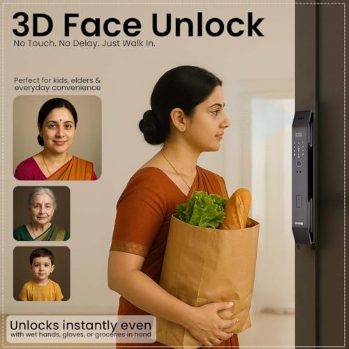 Golens X95 Luxury Smart Digital Door Lock | 9 Ways Unlocking | 3D Face ID | Fingerprint | Mobile App | RFID Card | PIN | OTP, Mechanical Key, Temporary Password, Door Viewer, No Extra Gateway Required