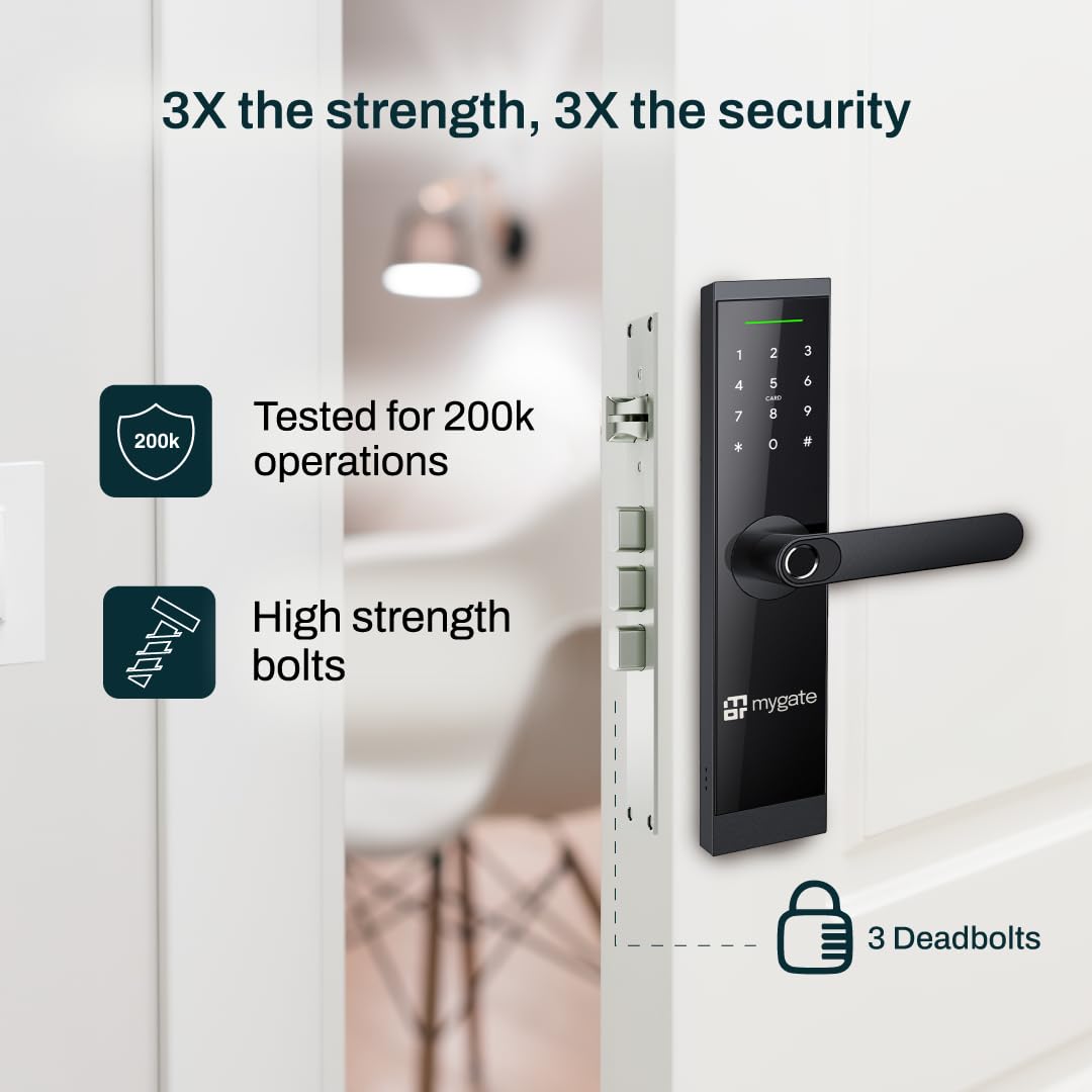 Mygate Smart Door Lock SE with 6 Unlock Methods, Fingerprint, OTP, PIN, RFID Card, Key & Mobile App Access, Unauthorized Freeze & Pin Decoy, Remote Unlocking via OTP| 3-Year Warranty by Mygate, Black