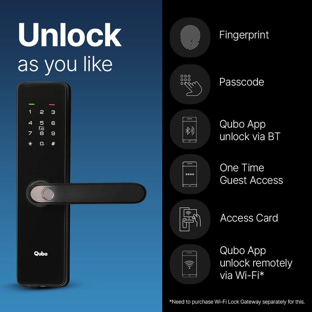 QUBO Smart Door Lock Essential (2025 Edition) – 7-Way Unlock | Fingerprint, OTP Remote, PIN, RFID, Mobile App, Mechanical Key | 2-Year Warranty | Black | Hero Group