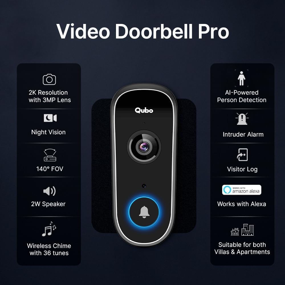 Qubo Instaview Video Doorbell Pro 2K + Home Tab | Smart Video Doorphone by Hero Group | 3MP 1296P, 2-Way Talk, Alexa & Google Assistant | Chime Included