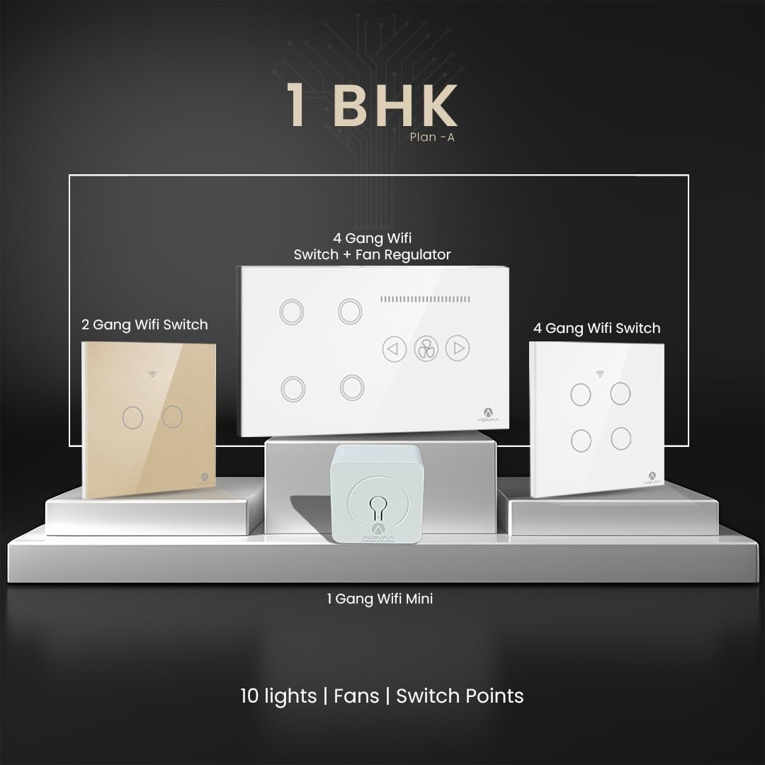 Adivaa Smart Home Automation Kit, AC/Geyser Controller, Door Bell Switch, WiFi Switches, Fan Regulator, Sockets (3 BHK (Plan C))