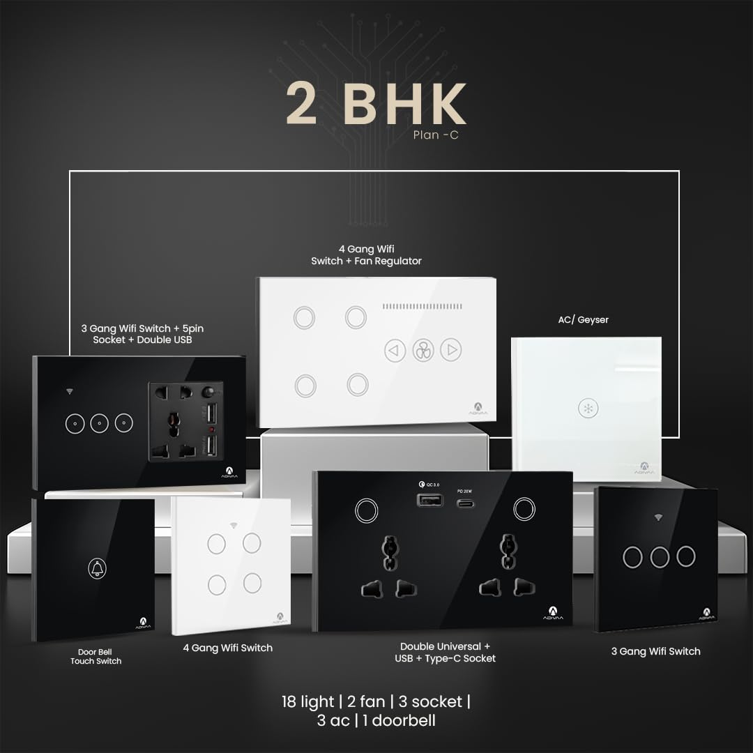 Adivaa Smart Home Automation Kit, AC/Geyser Controller, Door Bell Switch, WiFi Switches, Fan Regulator, Sockets (3 BHK (Plan C))