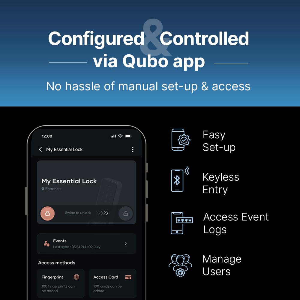 QUBO Smart Door Lock Essential (2025 Edition) – 7-Way Unlock | Fingerprint, OTP Remote, PIN, RFID, Mobile App, Mechanical Key | 2-Year Warranty | Black | Hero Group