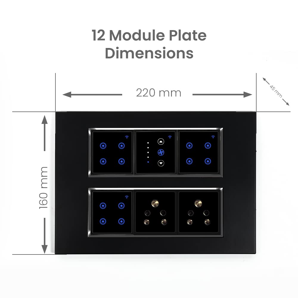 LECCY & GENESIS 12M Smart Switch Board | 10 Smart Switch Control, 1 Smart Fan Regulator, 2 Socket | Compatible with Alexa and Google Home (Size: 12M- 220 x 160 x 45 mm) (Black)