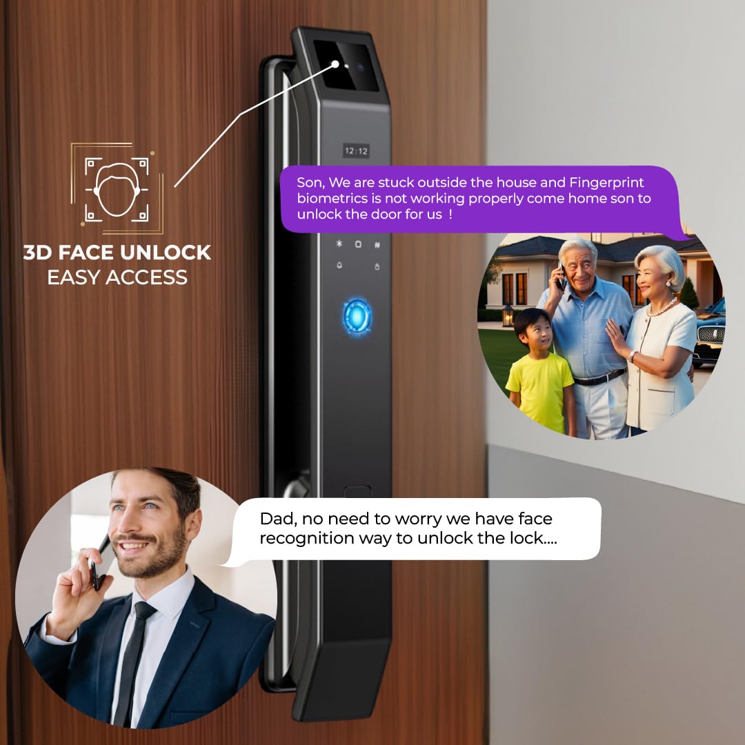Golens X95 Luxury Smart Digital Door Lock | 9 Ways Unlocking | 3D Face ID | Fingerprint | Mobile App | RFID Card | PIN | OTP, Mechanical Key, Temporary Password, Door Viewer, No Extra Gateway Required