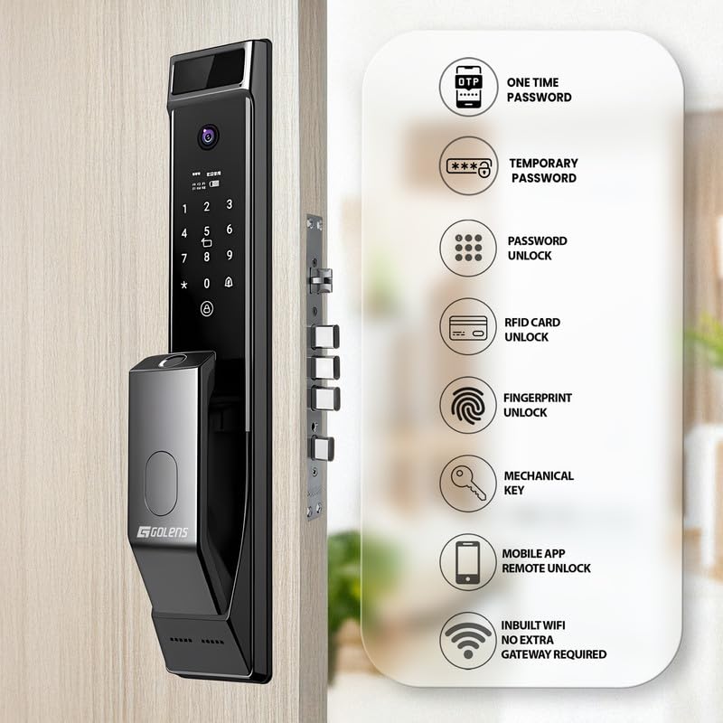Golens X57 World's Most Advance Smart Lock | 10 Ways Unlock | Seperate Chime | Alexa/Apple/Google Home Supports | Inbuilt CCTV/Video Door Bell | Door Viewer | All Included | Bronze