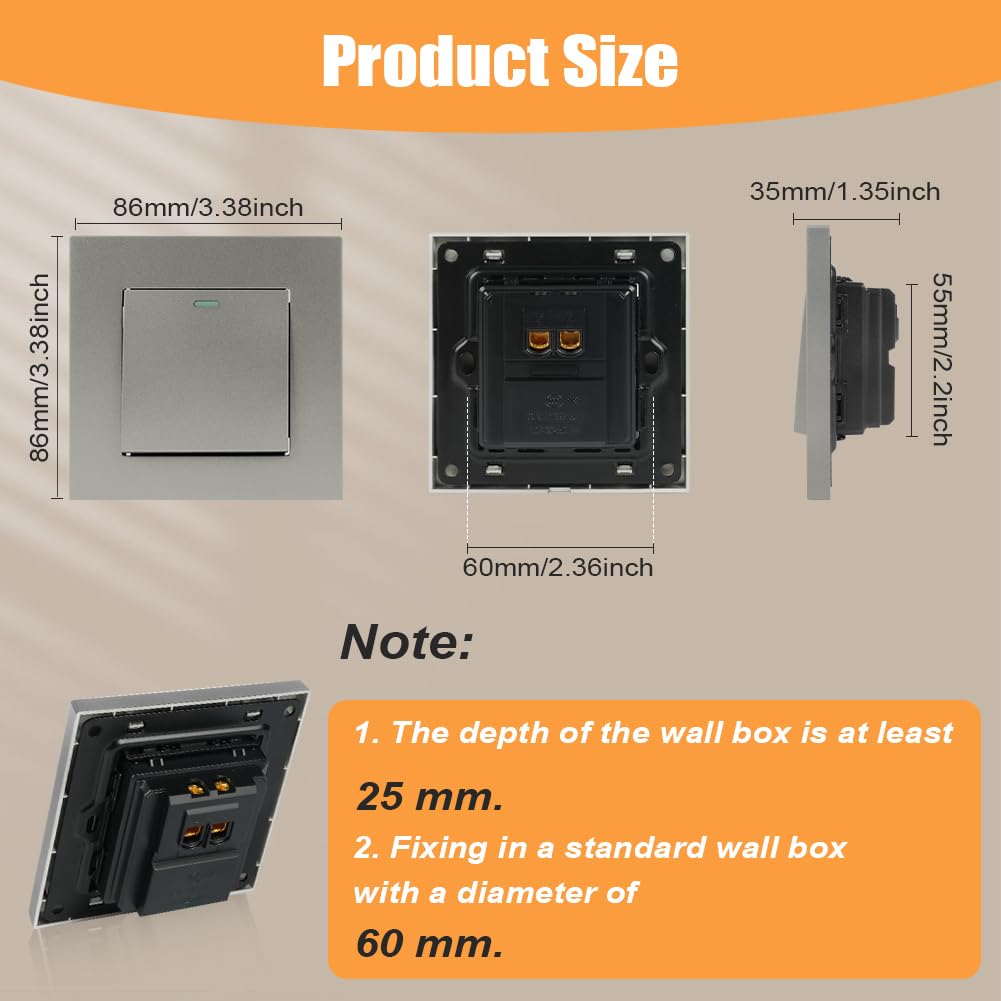 AXFEE Wireless Light Switch, Button Switch, Wall Light, Mechanical Switch, 1 Speed, 1 Way, Light Switch with Screws, Wall Mounted, Flush-Mounted Grey