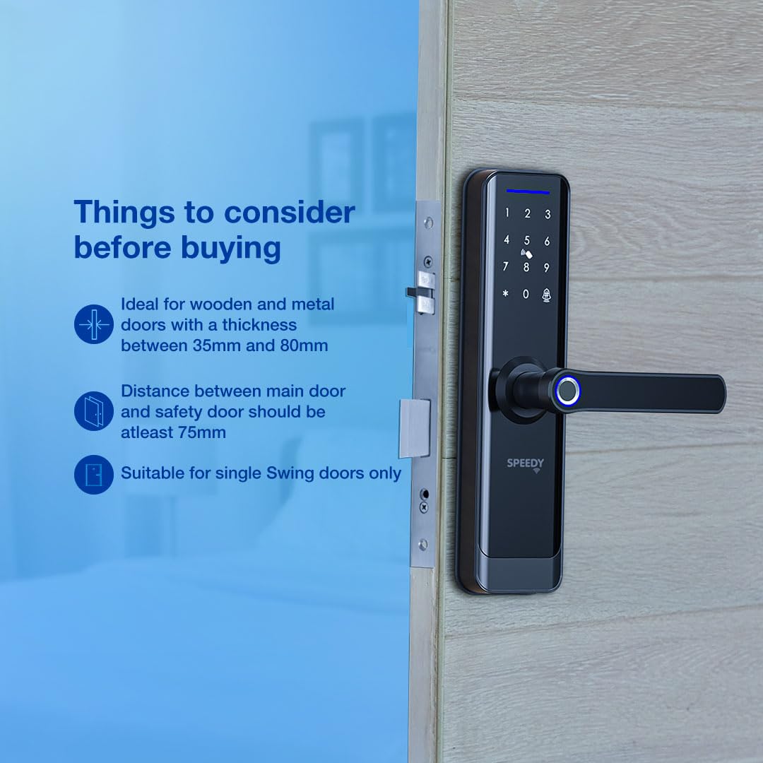 Speedy WiFi Enabled Smart Door Lock for Main Door | Biometric, 2 Emergency Keys |2-Year Warranty & Free Installation | Door Thickness Should be Between: 30-60mm