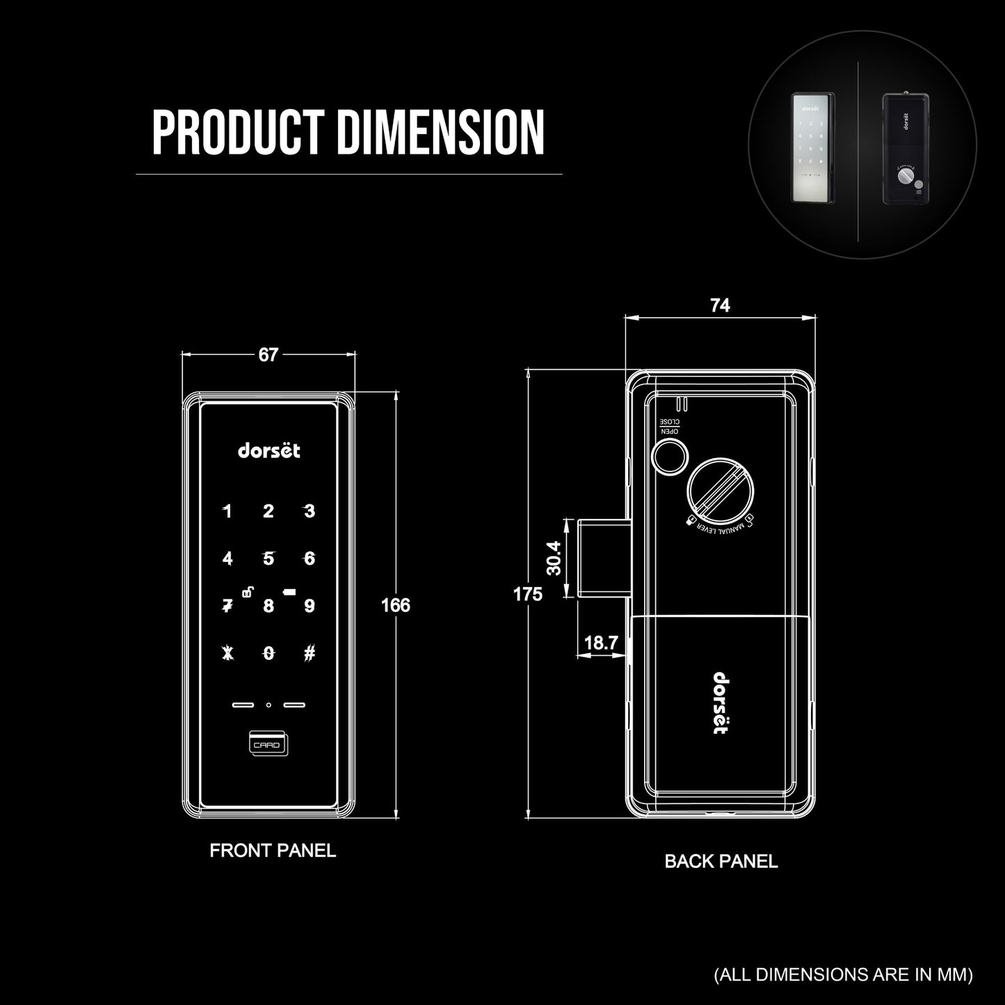 Dorset DG 907 Digital Rim Lock with Pincode Access | Sleek Security Solution for Main Doors | Ideal for Door Thickness 30-60 mm | Graphite Matte Finish, Black