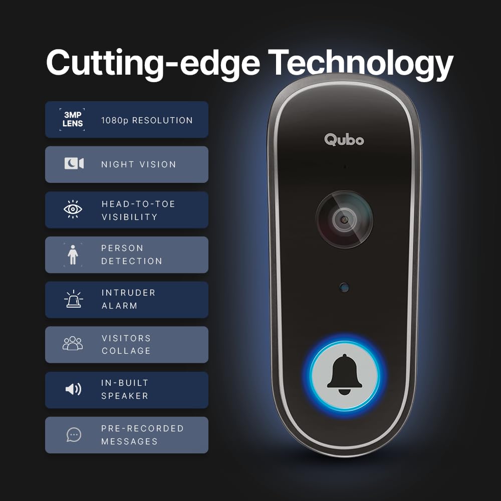 Qubo Smart WiFi Video Doorbell by Hero Group – 1080P FHD Camera, Intruder Alarm, 2-Way Talk, Alexa & OK Google, Plug & Play Chime – Made in India