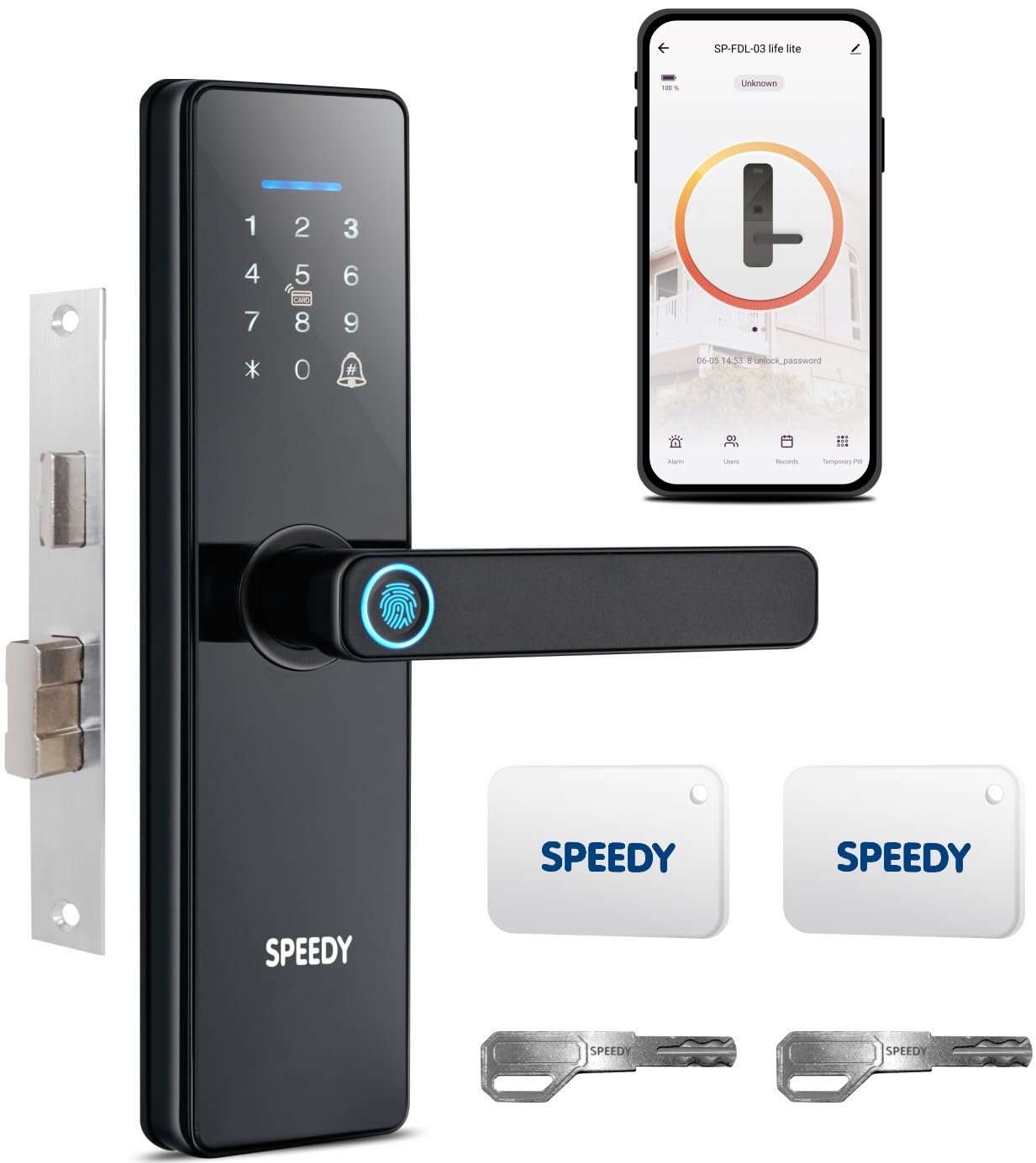 Speedy WiFi Enabled Smart Door Lock for Main Door | Biometric, 2 Emergency Keys |2-Year Warranty & Free Installation | Door Thickness Should be Between: 30-60mm