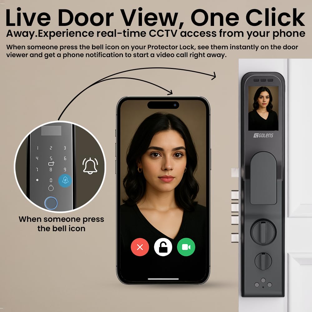 Golens X95 Luxury Smart Digital Door Lock | 9 Ways Unlocking | 3D Face ID | Fingerprint | Mobile App | RFID Card | PIN | OTP, Mechanical Key, Temporary Password, Door Viewer, No Extra Gateway Required
