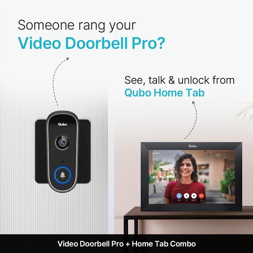 Qubo Instaview Video Doorbell Pro 2K + Home Tab | Smart Video Doorphone by Hero Group | 3MP 1296P, 2-Way Talk, Alexa & Google Assistant | Chime Included