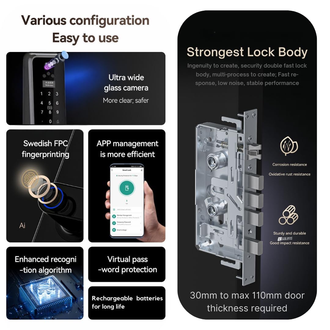 Golens X95 Luxury Smart Digital Door Lock | 9 Ways Unlocking | 3D Face ID | Fingerprint | Mobile App | RFID Card | PIN | OTP, Mechanical Key, Temporary Password, Door Viewer, No Extra Gateway Required