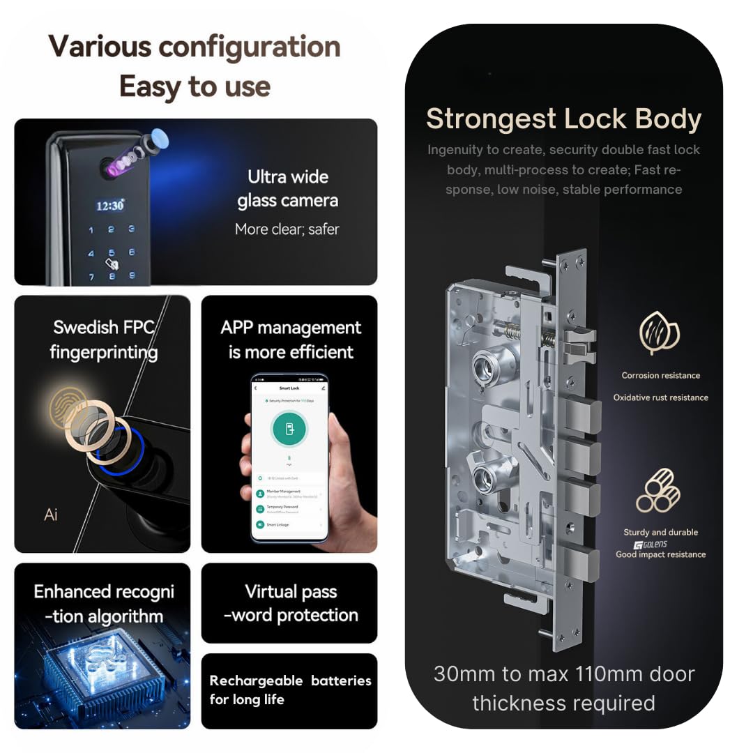Golens X57 World's Most Advance Smart Lock | 10 Ways Unlock | Seperate Chime | Alexa/Apple/Google Home Supports | Inbuilt CCTV/Video Door Bell | Door Viewer | All Included | Bronze