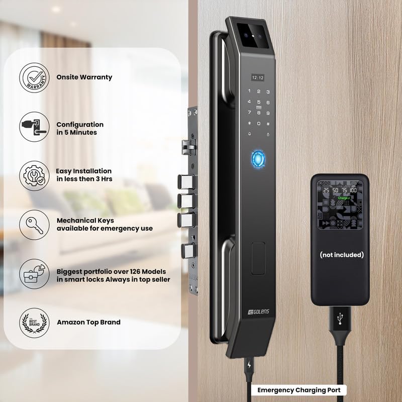 Golens X95 Luxury Smart Digital Door Lock | 9 Ways Unlocking | 3D Face ID | Fingerprint | Mobile App | RFID Card | PIN | OTP, Mechanical Key, Temporary Password, Door Viewer, No Extra Gateway Required