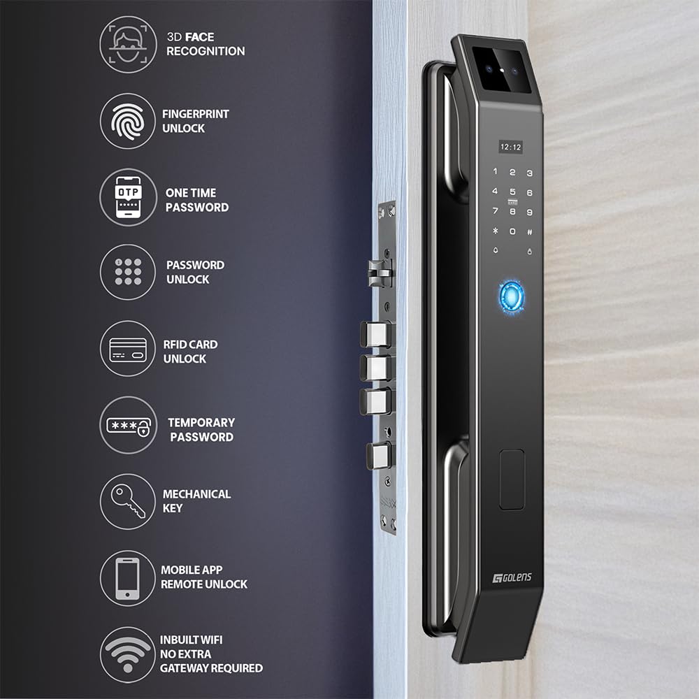 Golens X95 Luxury Smart Digital Door Lock | 9 Ways Unlocking | 3D Face ID | Fingerprint | Mobile App | RFID Card | PIN | OTP, Mechanical Key, Temporary Password, Door Viewer, No Extra Gateway Required