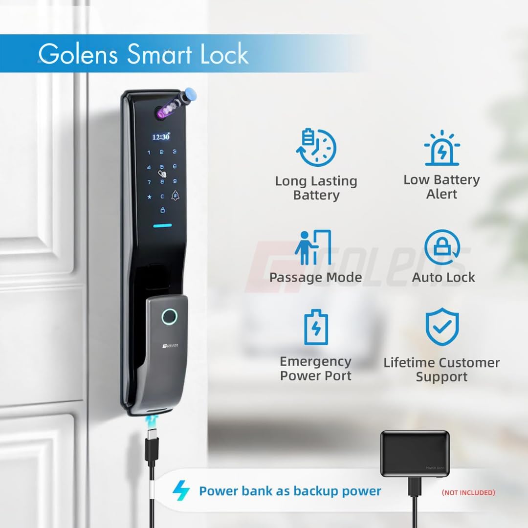Golens X57 World's Most Advance Smart Lock | 10 Ways Unlock | Seperate Chime | Alexa/Apple/Google Home Supports | Inbuilt CCTV/Video Door Bell | Door Viewer | All Included | Bronze