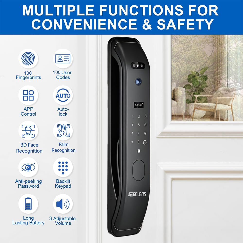 Golens X57 World's Most Advance Smart Lock | 10 Ways Unlock | Seperate Chime | Alexa/Apple/Google Home Supports | Inbuilt CCTV/Video Door Bell | Door Viewer | All Included | Bronze