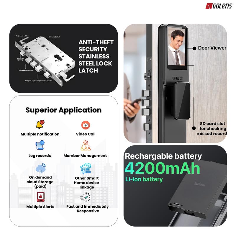 Golens X95 Luxury Smart Digital Door Lock | 9 Ways Unlocking | 3D Face ID | Fingerprint | Mobile App | RFID Card | PIN | OTP, Mechanical Key, Temporary Password, Door Viewer, No Extra Gateway Required