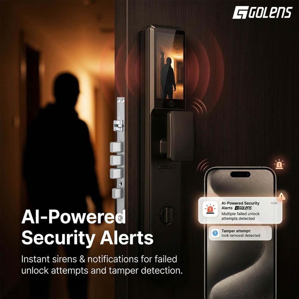 Golens X95 Luxury Smart Digital Door Lock | 9 Ways Unlocking | 3D Face ID | Fingerprint | Mobile App | RFID Card | PIN | OTP, Mechanical Key, Temporary Password, Door Viewer, No Extra Gateway Required