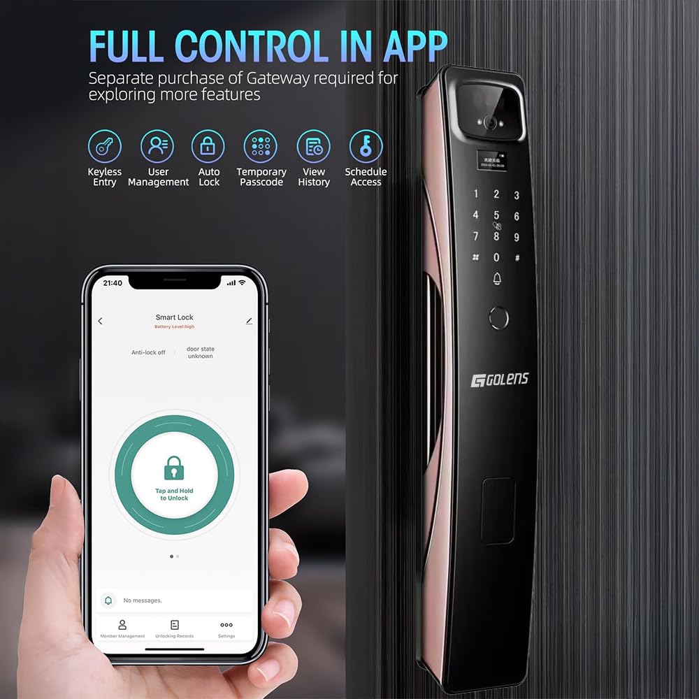 Golens X95 Luxury Smart Digital Door Lock | 9 Ways Unlocking | 3D Face ID | Fingerprint | Mobile App | RFID Card | PIN | OTP, Mechanical Key, Temporary Password, Door Viewer, No Extra Gateway Required