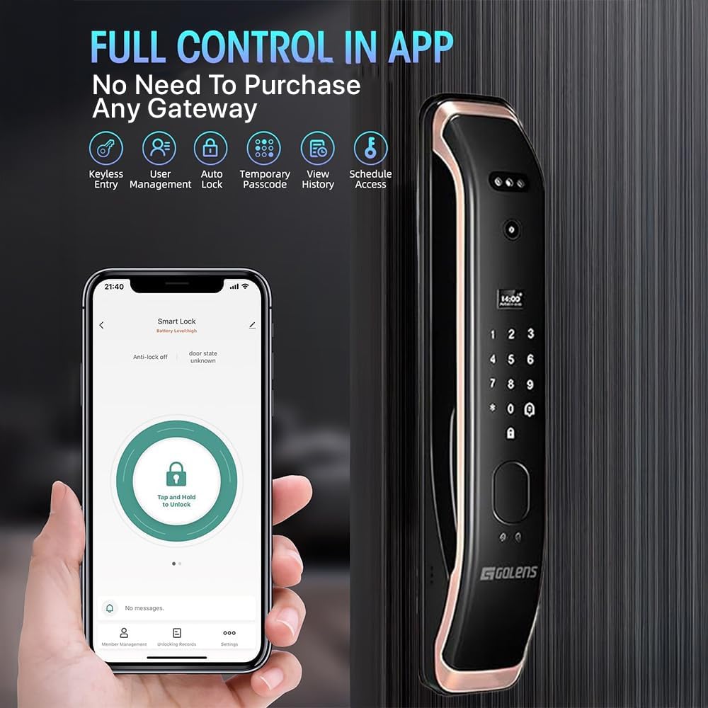 Golens X57 World's Most Advance Smart Lock | 10 Ways Unlock | Seperate Chime | Alexa/Apple/Google Home Supports | Inbuilt CCTV/Video Door Bell | Door Viewer | All Included | Bronze