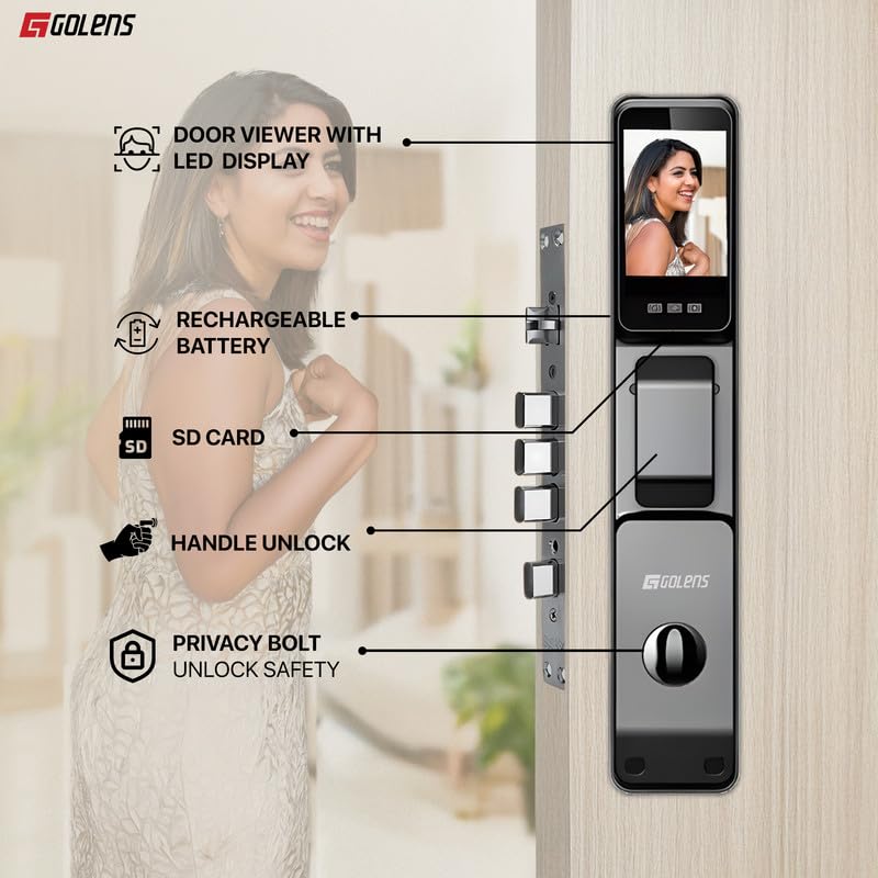 Golens X57 World's Most Advance Smart Lock | 10 Ways Unlock | Seperate Chime | Alexa/Apple/Google Home Supports | Inbuilt CCTV/Video Door Bell | Door Viewer | All Included | Bronze