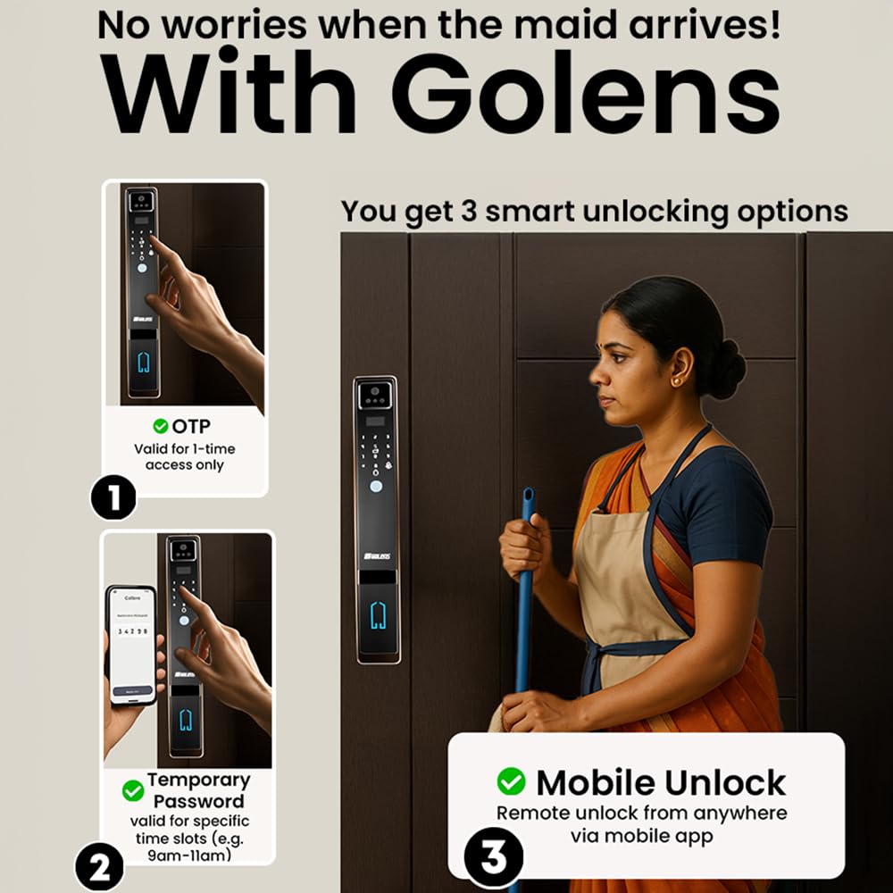 Golens X57 World's Most Advance Smart Lock | 10 Ways Unlock | Seperate Chime | Alexa/Apple/Google Home Supports | Inbuilt CCTV/Video Door Bell | Door Viewer | All Included | Bronze