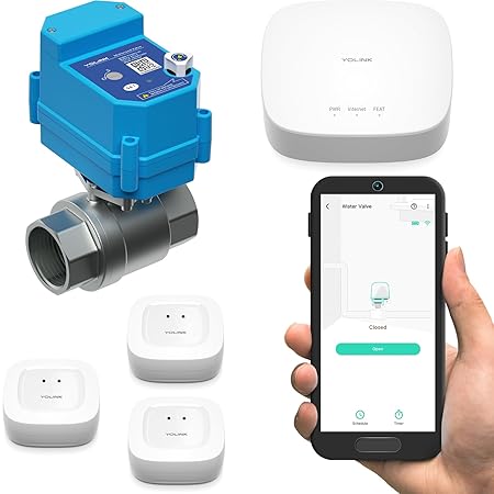 YoLink LoRa Smart Water Leak Protection System – 3/4" Motorized Stainless Steel Valve + 3 Leak Sensors + Hub | Long-Range, Alexa, IFTTT, Home Assistant Compatible