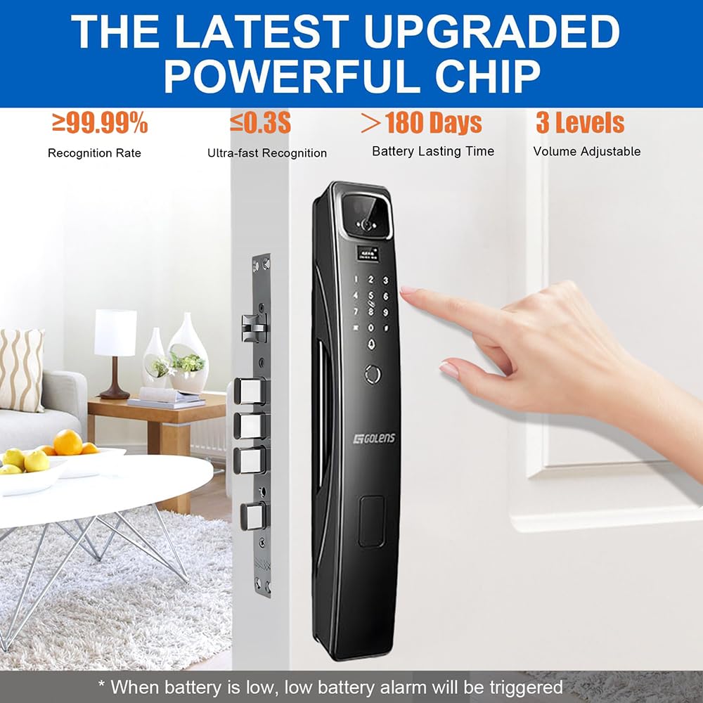 Golens X95 Luxury Smart Digital Door Lock | 9 Ways Unlocking | 3D Face ID | Fingerprint | Mobile App | RFID Card | PIN | OTP, Mechanical Key, Temporary Password, Door Viewer, No Extra Gateway Required
