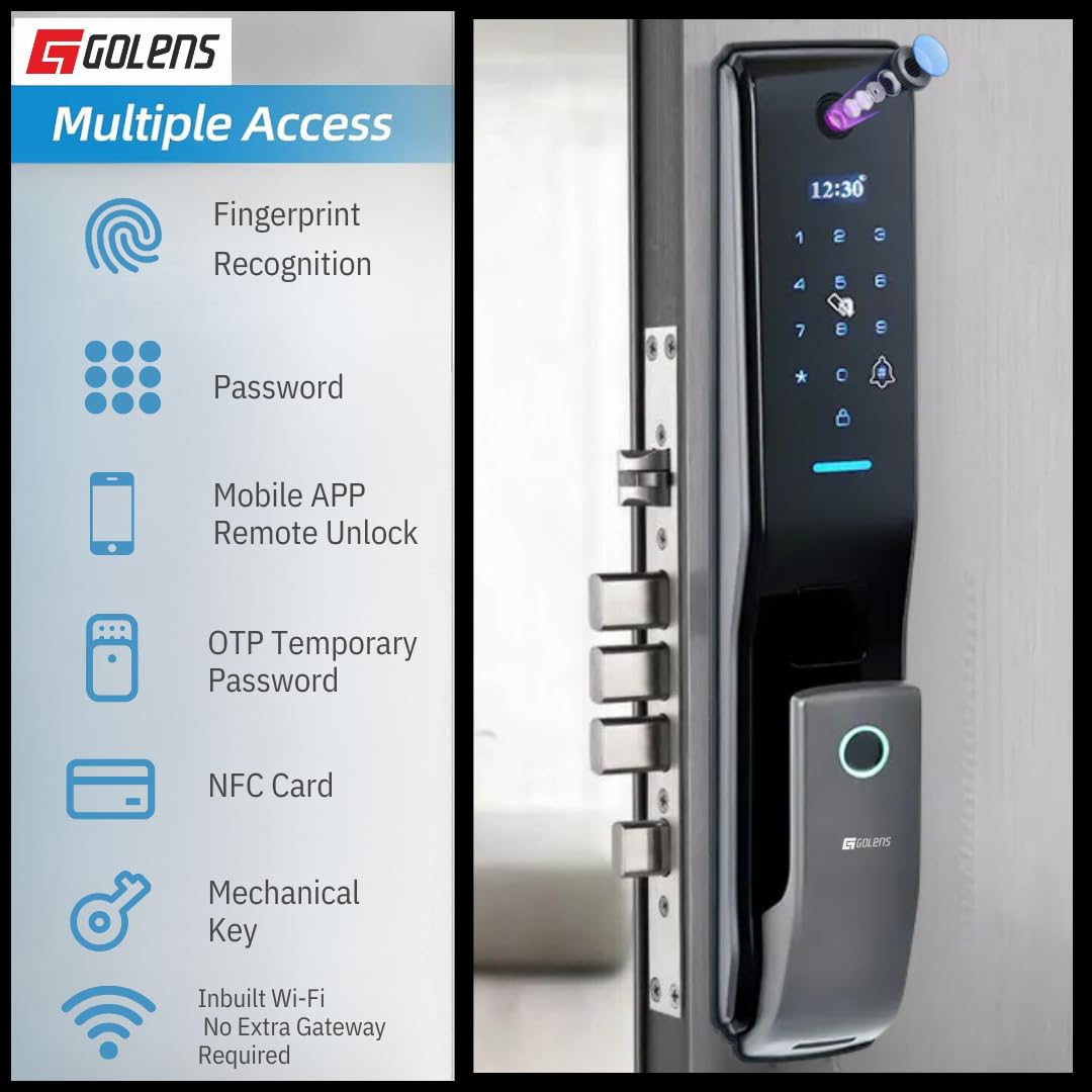 Golens X57 World's Most Advance Smart Lock | 10 Ways Unlock | Seperate Chime | Alexa/Apple/Google Home Supports | Inbuilt CCTV/Video Door Bell | Door Viewer | All Included | Bronze