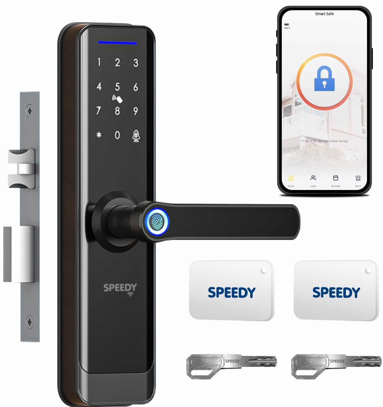 Speedy WiFi Enabled Smart Door Lock for Main Door | Biometric, 2 Emergency Keys |2-Year Warranty & Free Installation | Door Thickness Should be Between: 30-60mm