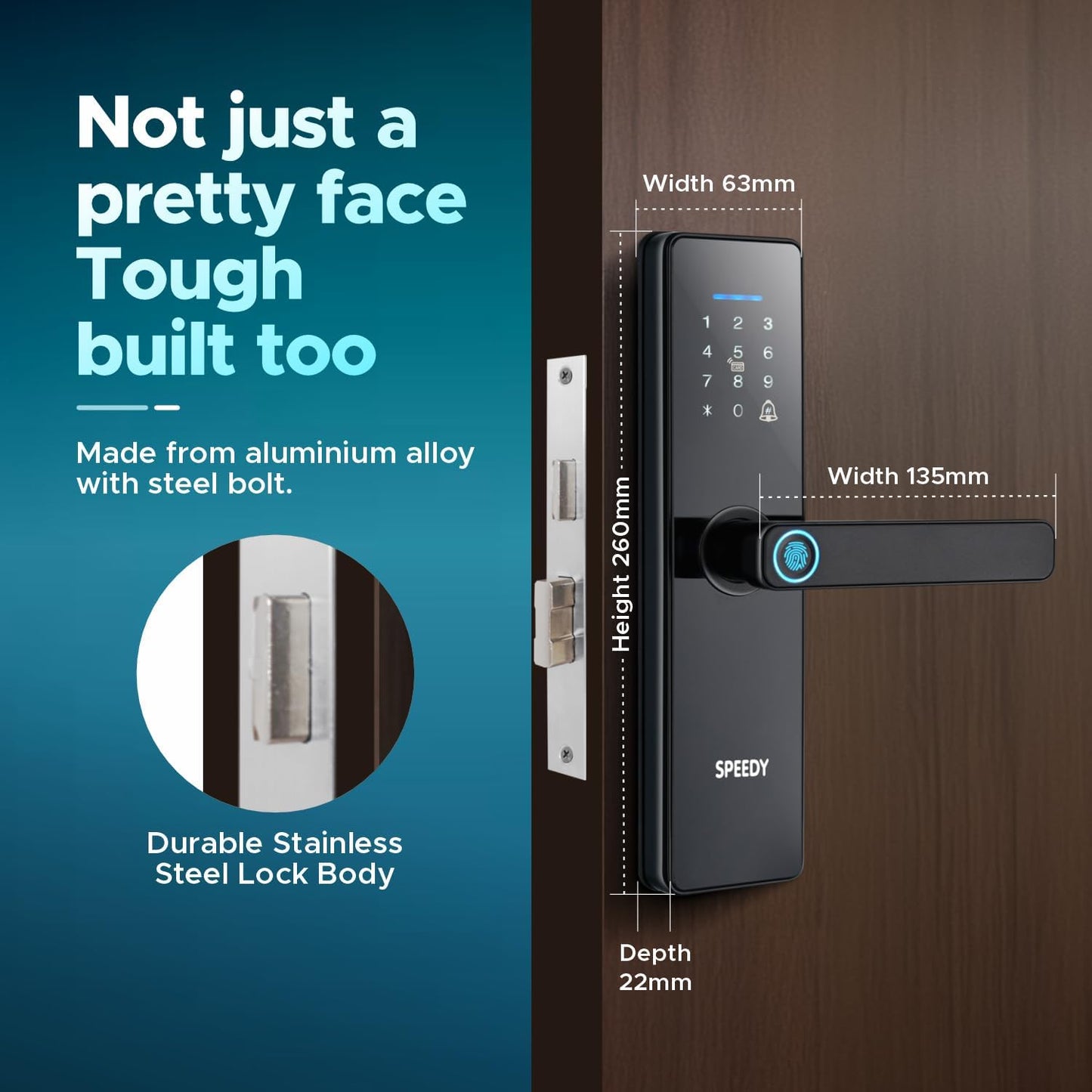 Speedy WiFi Enabled Smart Door Lock for Main Door | Biometric, 2 Emergency Keys |2-Year Warranty & Free Installation | Door Thickness Should be Between: 30-60mm