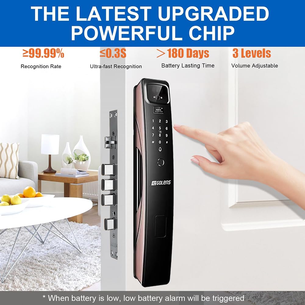 Golens X95 Luxury Smart Digital Door Lock | 9 Ways Unlocking | 3D Face ID | Fingerprint | Mobile App | RFID Card | PIN | OTP, Mechanical Key, Temporary Password, Door Viewer, No Extra Gateway Required